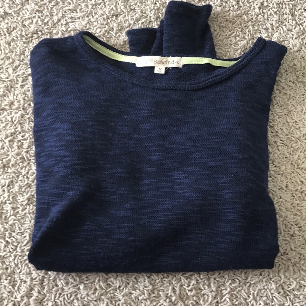 Long sleeve navy blue sweater with lace on bottom